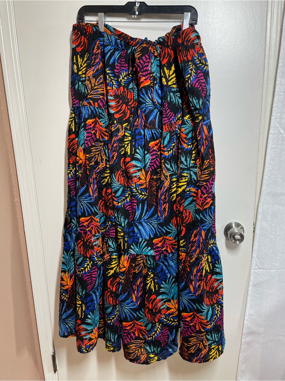 Destination 365 Tropical Print Black Maxi Skirt - Vibrant Multi-Color LeavesBoho